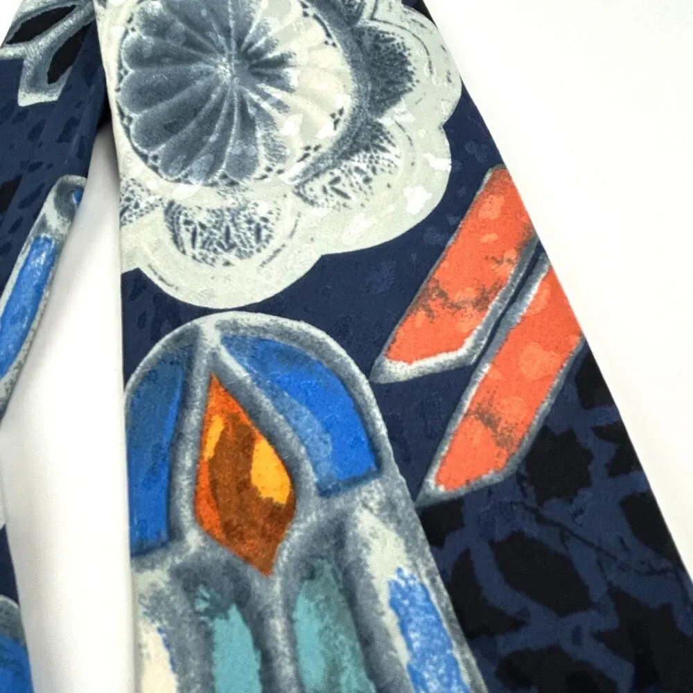 Hubert Milano Italy Blue Orange Graphic Silk Neck Tie